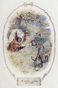 En gammel krone bøjer sig over en kedel (farve litho) af Charles Edmund Brock