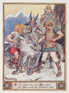 Ved dette signal kastede den anden esir kæden om halsen på uhyret. Tyr lover sin hånd for at lænke ulven Fenrir