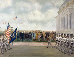 Marshal Joffre på mission til Washington for at inspicere studerende fra West Point, forår 1917, af Charles Edmund Brock (1870-1938), Første Verdenskrig, USA, 20. århundrede af Charles Edmund Brock