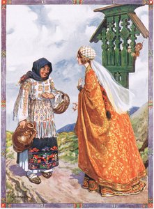 Prinsessen...bad hende om at bytte bøndernes tøj til hendes kongelige klæder, scene fra Good Luck and Bad Luck i børnehistorier fra rumænske legender af Moses Gaster (1856-1939) 1921 (farve af Charles Edmund Brock