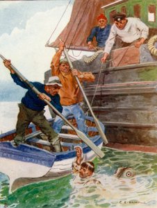 De to mænd i båden begyndte febrilsk at slå og grave på en afskyelig genstand af Charles Edmund Brock