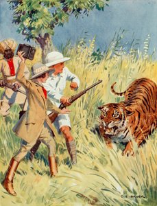 Tigerjagt i Indien, scene fra The Other Tiger (farve litho) af Charles Edmund Brock