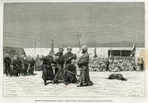 Øvelser med at manipulere Taifourchi bolværksrifler, tropper bevæbnet og trænet af det kinesiske militær, tegning af Delort, for at illustrere minderne om en engelsk ambassade i Kachgar (eller Kashi, Kina) i 1873-74 af Mr. Chapman og Gordon. Indgravering i af Charles Edouard Delort