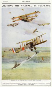Britiske vandflyvere, der flyver over Den Engelske Kanal (farve litho) af Charles Edward (after) Dixon