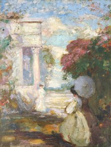 Lyrisk landskab med to figurer i kjole fra det nittende århundrede, 1890-1900