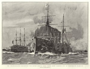 Chamberlains afgang til Sydafrika, H M S Good Hope passerer ud af Portsmouth Havn