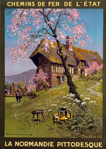 Plakat af Charles Edward Halle (1846-1919) for Statsjernbanerne - Maleriske Normandiet: 1600-tals sommerhus i Normandiets landskab. 1800-tallets privatsamling - Plakat af Charles Edward Halle (1846-1919) for Statsbanerne, maleriske Nor