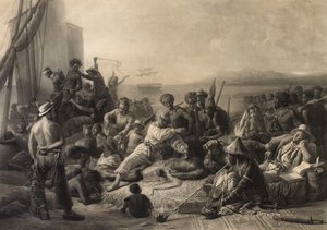 "Scene på Afrikas kyst": Slaver og slaveejere venter på transport til udlandet. af Charles Edward Wagstaff