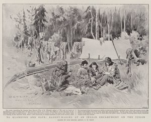 Til Klondyke og tilbage, kurvfremstilling ved en indisk lejr på Yukon (litho) af Charles Edwin Fripp