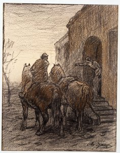 Bonde med to heste og en kvinde, der viser vejen af Charles Emile Jacque