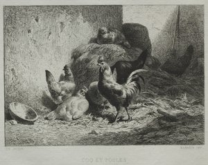 Hane og høns. af Charles Emile Jacque