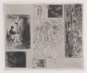 Kompositplade: Kvinde og Børn a, Gammel Musiker b, Friturekøbmand c, Landskab ..., 1843. af Charles Emile Jacque