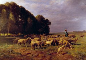 Fjord af får i et landskab eller "" Hyrde driver en flok får i sletten"" Maleri af Charles Jacque (1813-1894) 1800-tallet søn. 1,76x2,8 m af Charles Emile Jacque