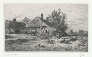Hyrde med flok på en vej langs en gård af Charles Emile Jacque