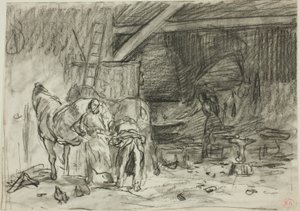 Interiør af en smedje (recto); mand bøjer sig forover, set fra læs (verso) af Charles Emile Jacque