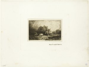 Landskab med mand på hesteryg, grise og ko af Charles Emile Jacque
