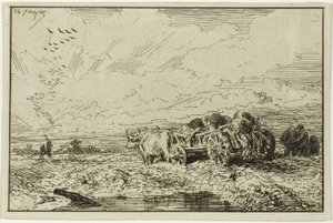 Landskab med oksetrukne vogn af Charles Emile Jacque