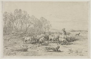 Landskab med en fåreflok, 1800-tallet. af Charles Emile Jacque