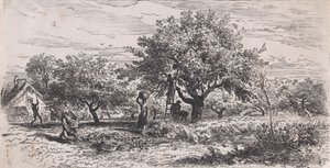 Pluk frugt fra træ udenfor sommerhus, ca. 1852. af Charles Emile Jacque