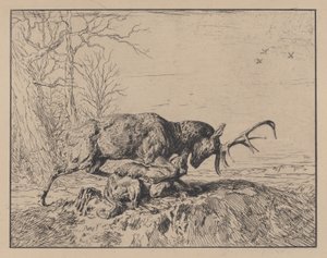 Hjort, der kæmper mod en ulv, efter Antoine Louis Barye, 1846. af Charles Emile Jacque