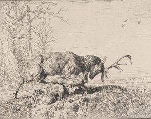 Hjort, der kæmper mod en ulv, efter Antoine Louis Barye, 1846. af Charles Emile Jacque