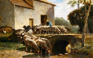 Flokken forlader (olie på panel) af Charles Emile Jacque