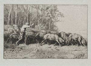 Flok porer, der kommer ud af en skov. af Charles Emile Jacque