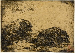 To grise liggende af Charles Emile Jacque