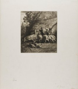 Kvinde fodrer seks grise af Charles Emile Jacque