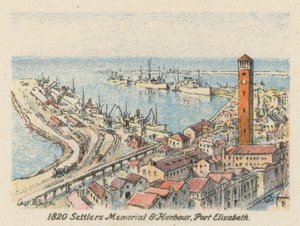Sydafrika: 1820 Settlers Memorial and Harbour, Port Elizabeth (farvelitografi) af Charles Ernest Peers
