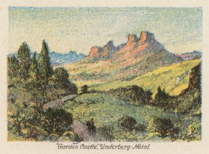 Sydafrika: "Garden Castle", Underberg, Natal (farvelitografi)