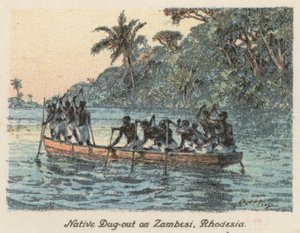 Sydafrika: Native Dug-out på Zambesi, Rhodesia (farvelitografi) af Charles Ernest Peers