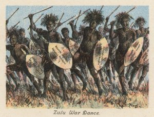 Sydafrika: Zulu-krigsdans (farvelitografi) af Charles Ernest Peers