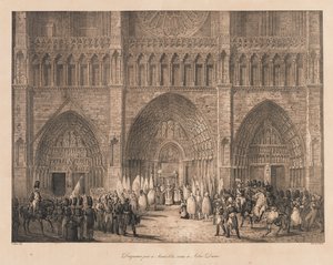 Flag taget i Austerlitz modtaget i Notre Dame, begyndelsen af det 19. århundrede (litho) af Charles Etienne Pierre Motte