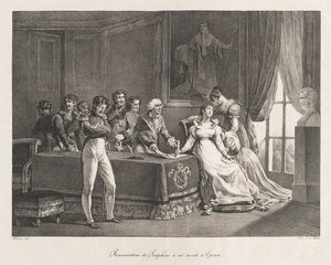 Josephine giver afkald på sine rettigheder, tidligt 1800-tallet (litho) af Charles Etienne Pierre Motte