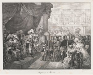 Reception ved Directoire, begyndelsen af 19 århundrede (litho) af Charles Etienne Pierre Motte