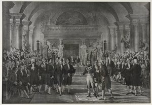 Modtagelse af Napoleon Bonaparte på Instituttet, klasse for fysik og matematik, afdeling for mekanisk kunst den 25. december af Charles Etienne Pierre Motte