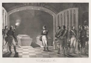 Besøg i Frederik den Stores grav tidligt 1800-tallet (litho) af Charles Etienne Pierre Motte