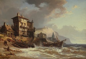 At trække bådene i land på Bretagnes kyst, 1800-tallet af Charles Euphrasie Kuwasseg