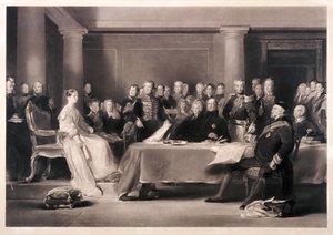 Dronning Victoria præsiderede i rådet ved hendes overtagelse af tronen, 1846 af Charles Fox