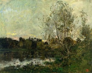 En sø i skoven i skumringen, ca. 1865