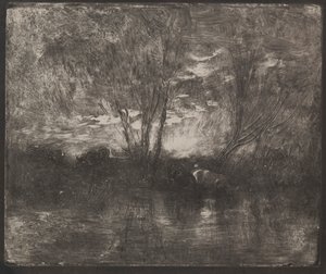 Køer på et vandingssted, originalt aftryk 1862, trykt i 1921. af Charles Francois Daubigny