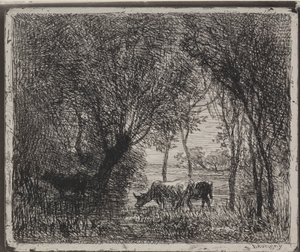 Køer i skoven, originalt aftryk 1862, trykt i 1921. af Charles Francois Daubigny