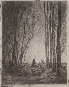 Gathering in the Flock, originalt aftryk 1862, trykt i 1921. af Charles Francois Daubigny