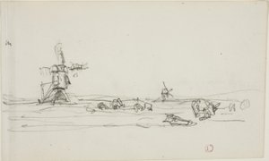 Landskab i Holland (recto); Skitse af vindmøller ved vand (verso) af Charles Francois Daubigny