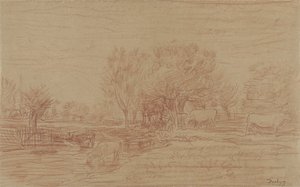Landskab med græssende og drikkende køer og en seende tyr af Charles Francois Daubigny