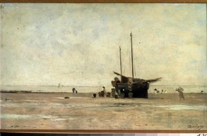 ""Seascape"" En sejlbåd på sandet ved lavvande. Maleri af Charles Francois Daubigny (1817-1878) 1868-1872 Pushkin Museum, Moskva af Charles Francois Daubigny