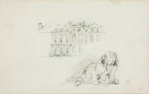 Skitser: Hotel de Ville, Tours og en legende pige (recto); stork (verso) af Charles Francois Daubigny