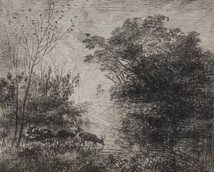 Hjorte, originalt aftryk 1862, trykt i 1921. af Charles Francois Daubigny
