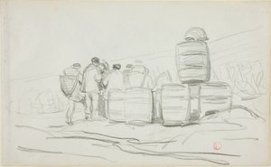 Studie af en gruppe mennesker med tønder (recto); to studier af en kvinde, der sanker (verso) af Charles Francois Daubigny